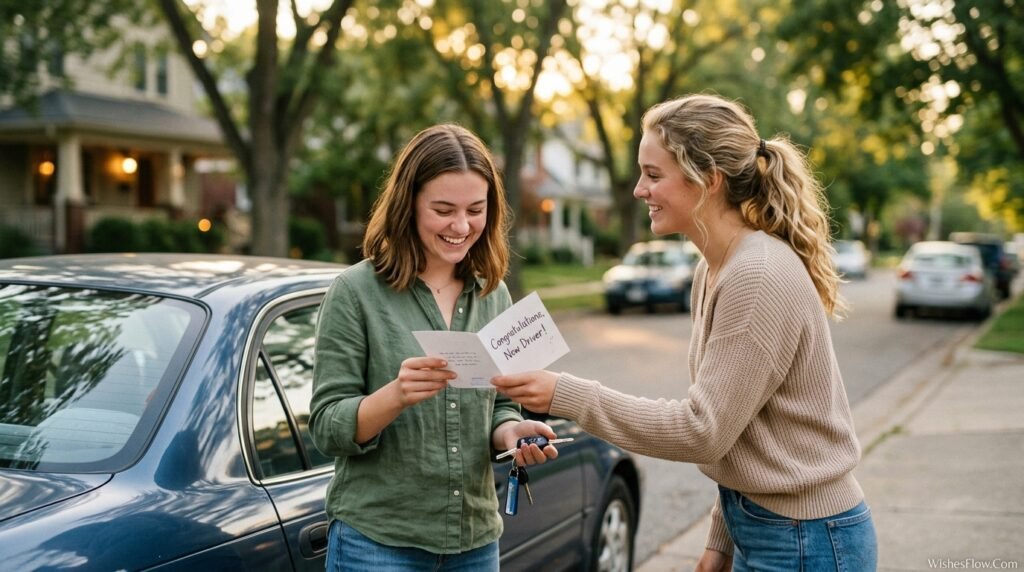 Family or friend congratulating a new driver with a heartfelt card