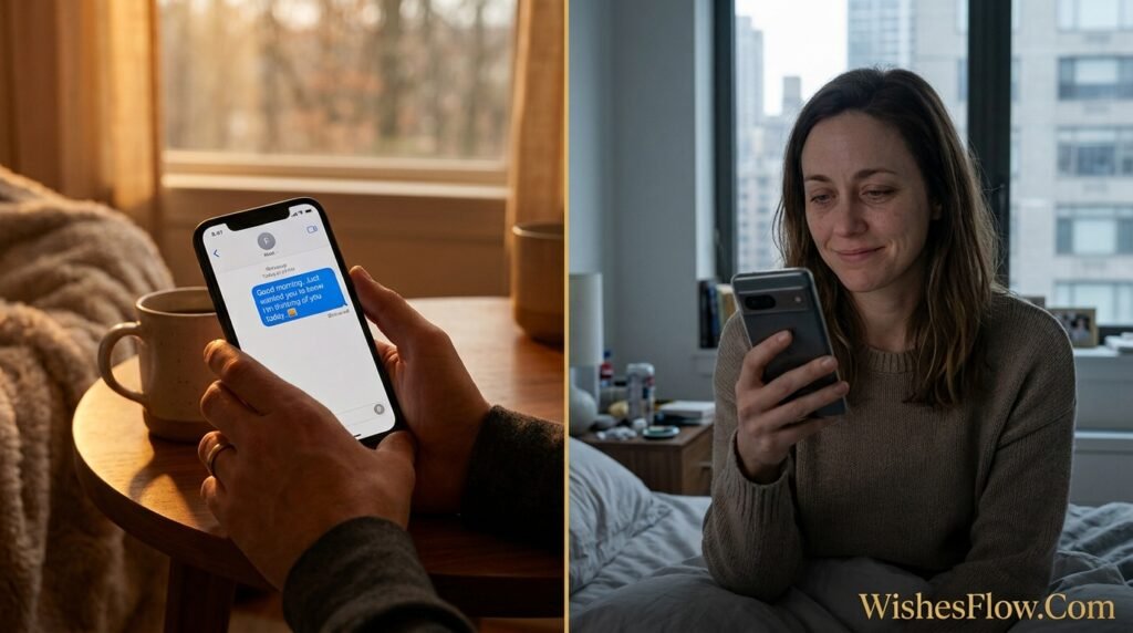 Person sending an inspirational good morning message to a friend creating a moment of connection