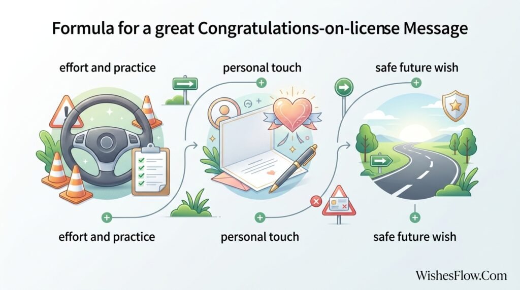 Diagram-style visual showing the formula for a good license congratulations message