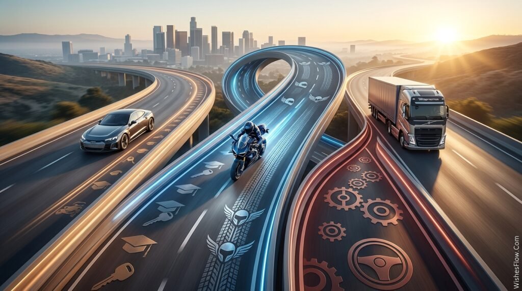 Car motorcycle and commercial truck representing different license milestones