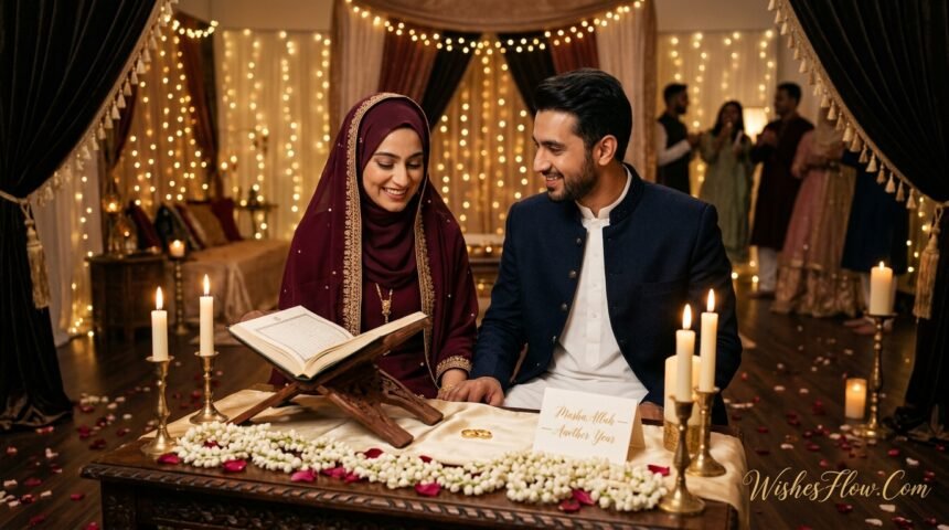 Nikah anniversary wishes — Muslim couple celebrating sacred Islamic marriage anniversary together