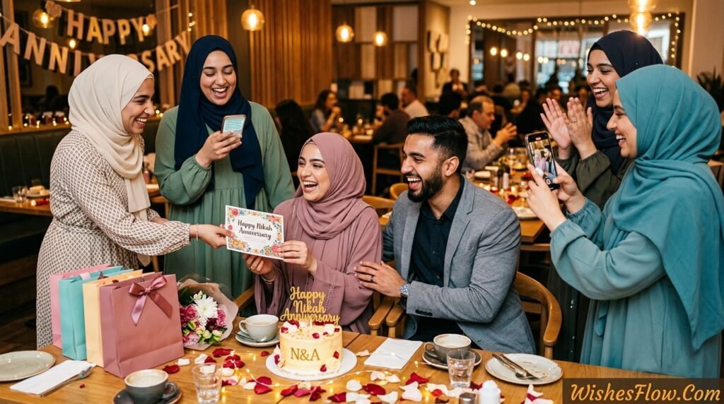 Friends surprising a couple on their nikah anniversary with heartfelt wishes and celebration