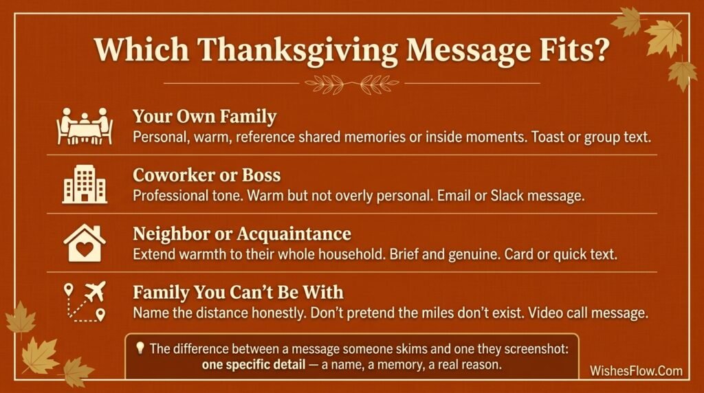 Guide diagram showing how to choose the right Thanksgiving message tone for different relationships