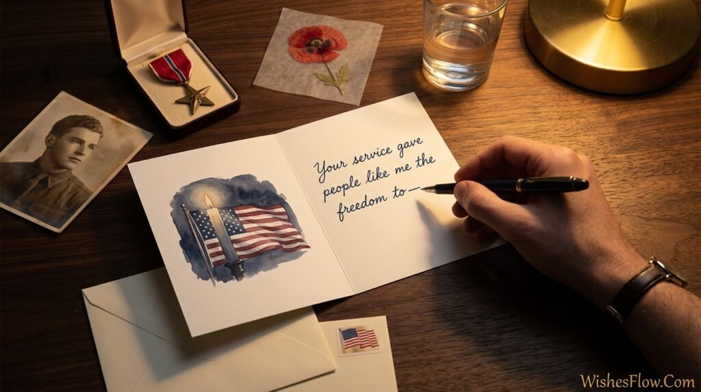 Handwritten Veterans Day card message being carefully written as a lasting keepsake for a veteran