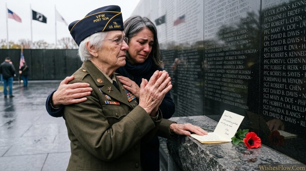 Emotional Veterans Day thank you moment between veteran and family member expressing deep gratitude