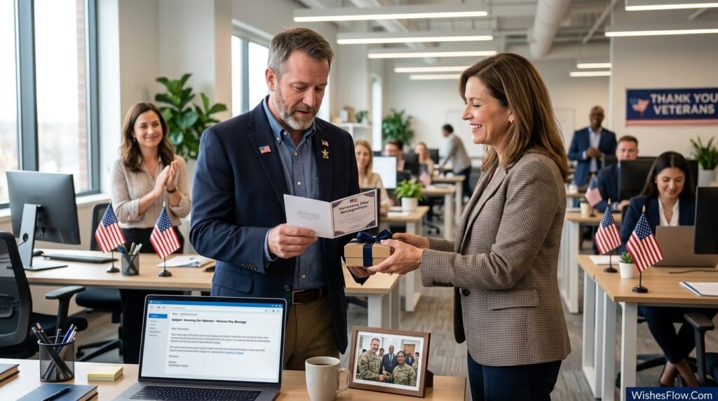 Company Veterans Day recognition moment with veteran employee being personally acknowledged by leadership