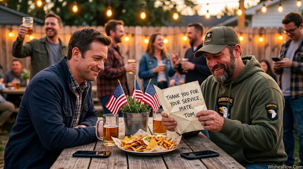 Friends exchanging casual but genuine Veterans Day messages and appreciation in real life