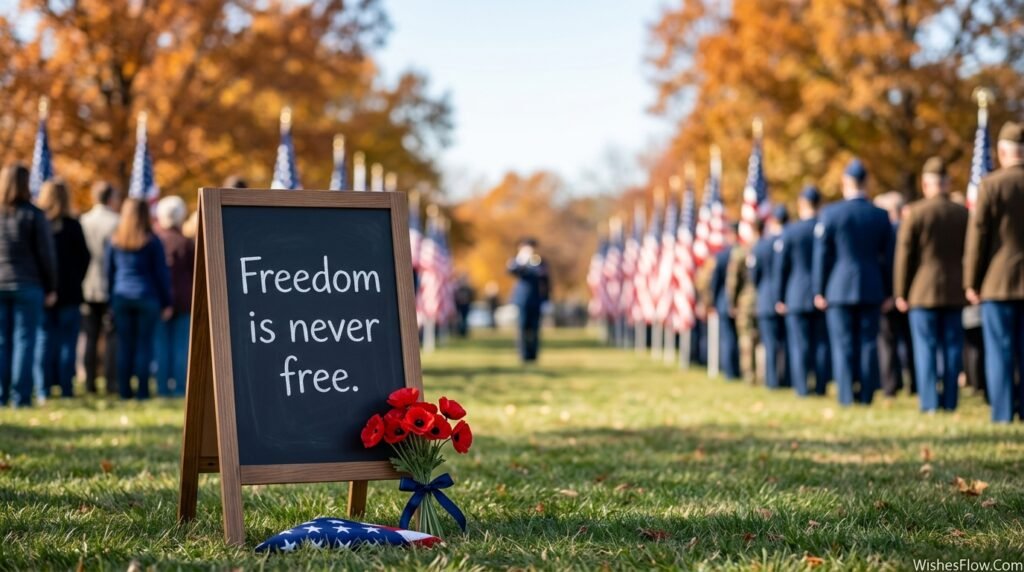 Short inspirational veterans quote displayed at a memorial gathering on Veterans Day