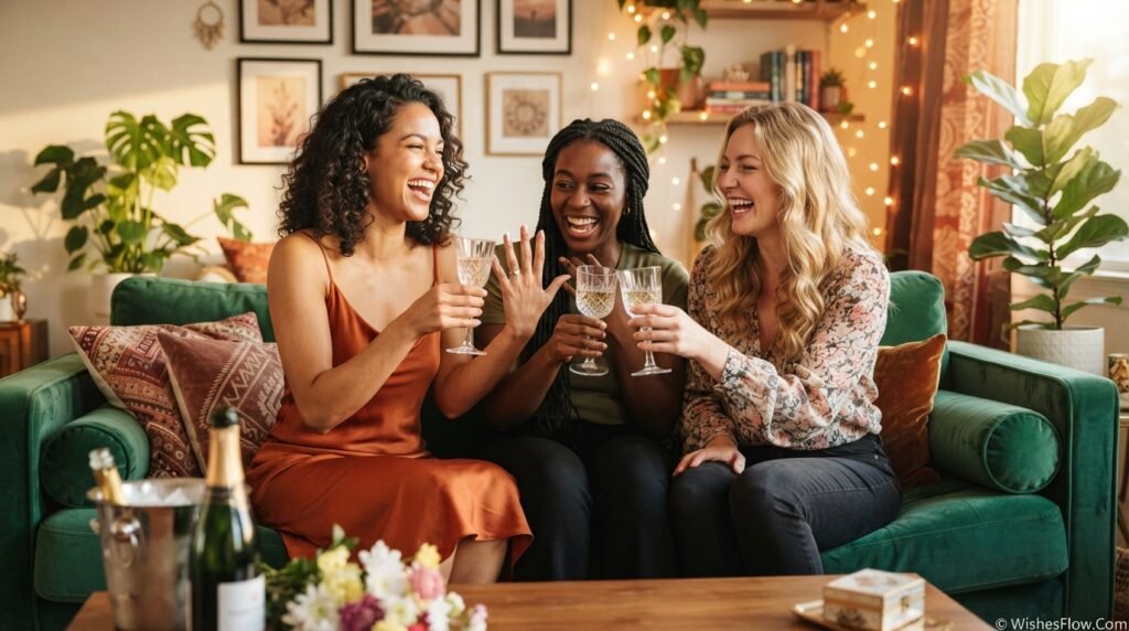 Best friends laughing and toasting with champagne glasses celebrating engagement news