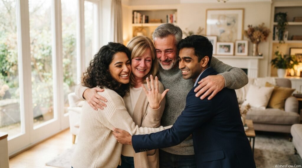 Emotional moment of parents hugging and congratulating newly engaged couple