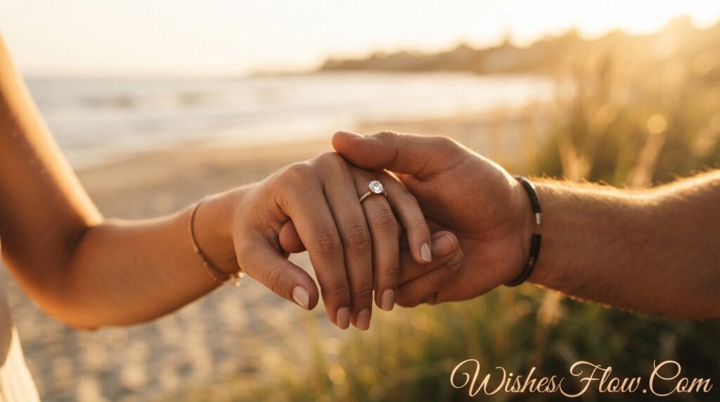 Close-up of engaged couple's hands intertwined showing beautiful engagement ring at sunset