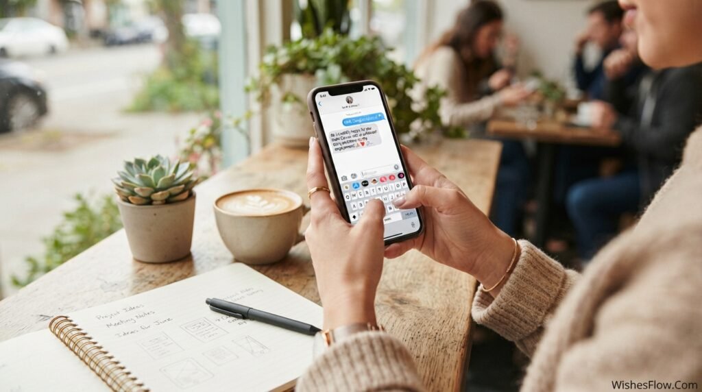 Person typing heartfelt engagement congratulations message on smartphone