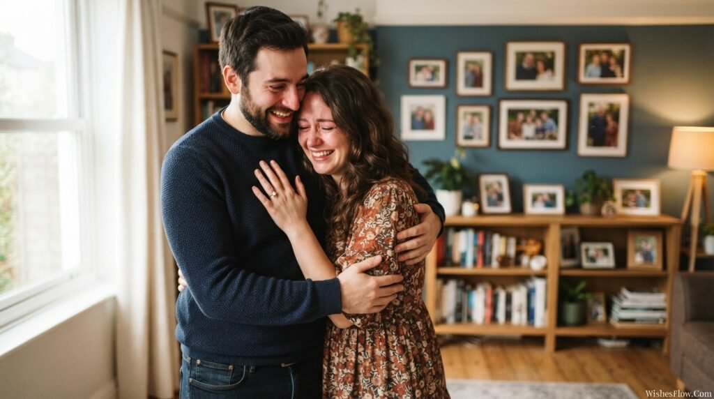 Brother and sister sharing emotional hug during engagement celebration moment