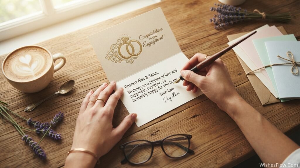 Person writing heartfelt message in elegant engagement greeting card with fountain pen